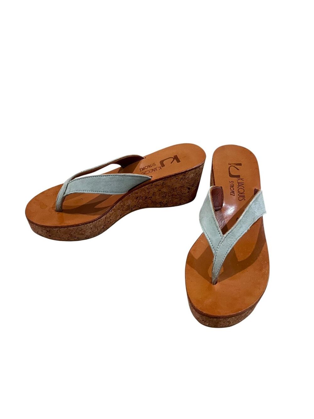 K Jacques St. Tropez Sandals Womens Size 6.5 Blue Suede Cork Wedge Thong
